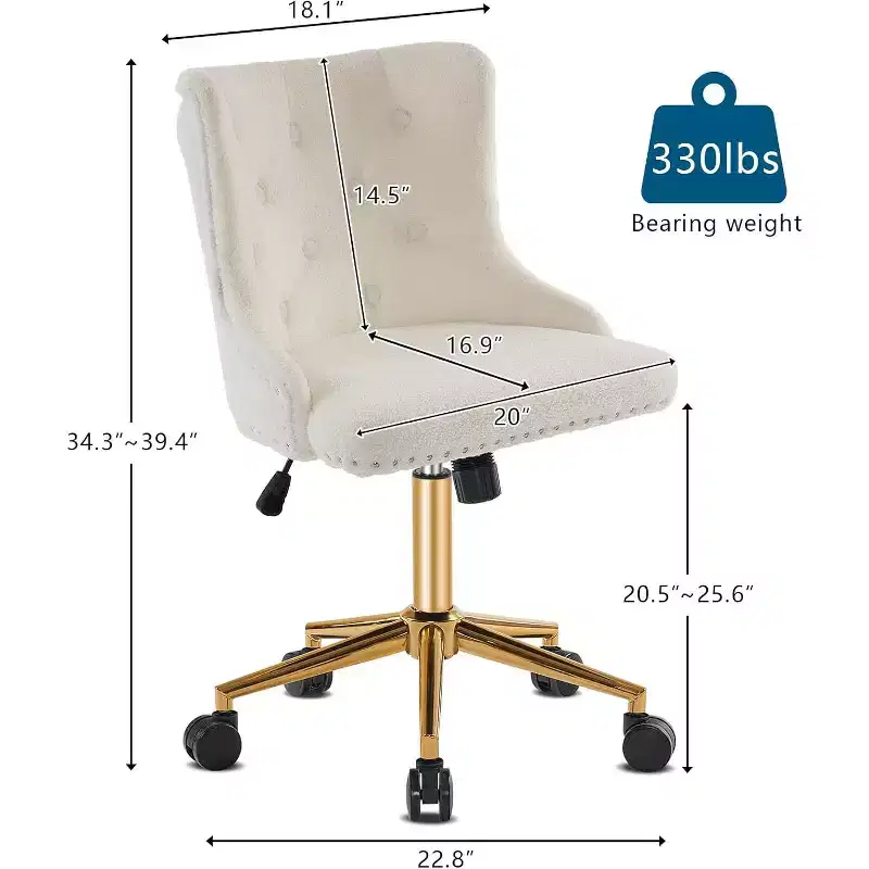 VINGLI White Teddy Fleece Armless Office Desk Chair with Gold Base/Wheels, Cute Vanity/Makeup Chair, Adjustable Swivel Nail Chair