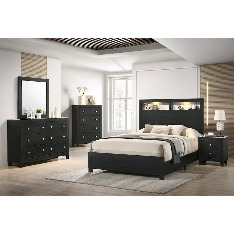 Gaylene 5 Piece Black LED Bookcase Panel Bedroom Set