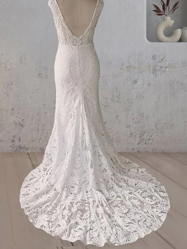 White Mermaid Cap Sleeve Lace Wedding Dress