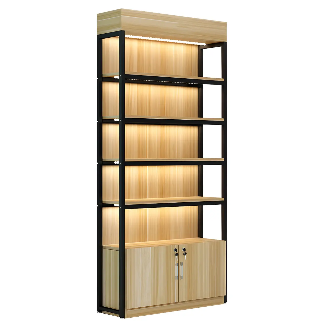 Modern Wood Open Multi-Shelf Large Display Cabinet