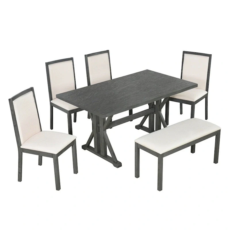 6-Piece Farmhouse Dining Table Set with 4 Upholstered Chairs and Bench