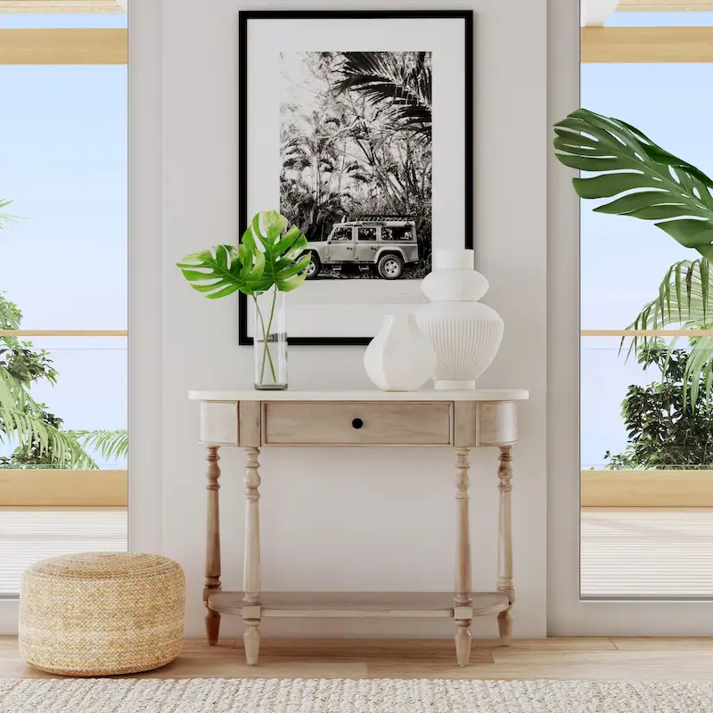 Light Brown / Grey / Washed Black Genuine Marble Top Demilune Console Table with Mahogany Wood Base