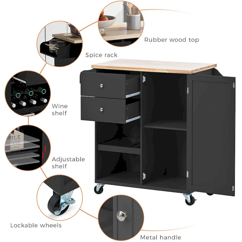 41.3 in. Rolling Kitchen Island with Spice Rack and Two Drawers