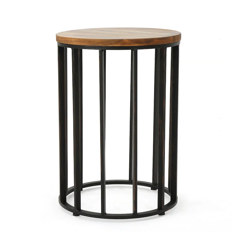 Outdoor Side End Table, 15 Inch Round Brown Wood Top, Black Iron Frame
