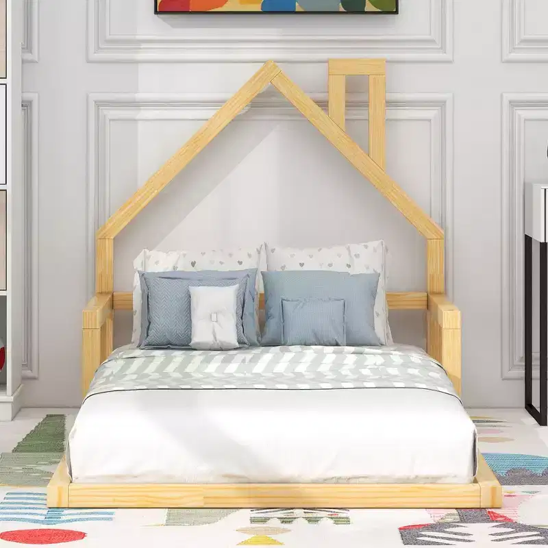 Sturdy Wood Full Size Floor Bed for Children, Cottage-Shaped Headboard with Chimney, Toddler Bed Frame, No Box Spring Required, Wood Platform Bed
