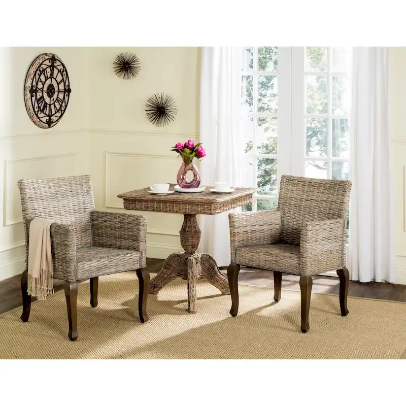 Natural/White Washed Rattan Dining Chair with Arms, Set of 2