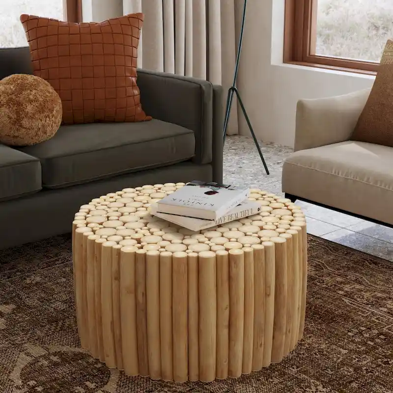 Round Natural Brown Solid Teak Wood Branch Bundle Coffee Table