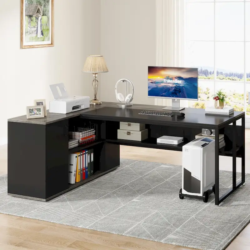 71 inch L Shaped Executive Desk with Cabinet