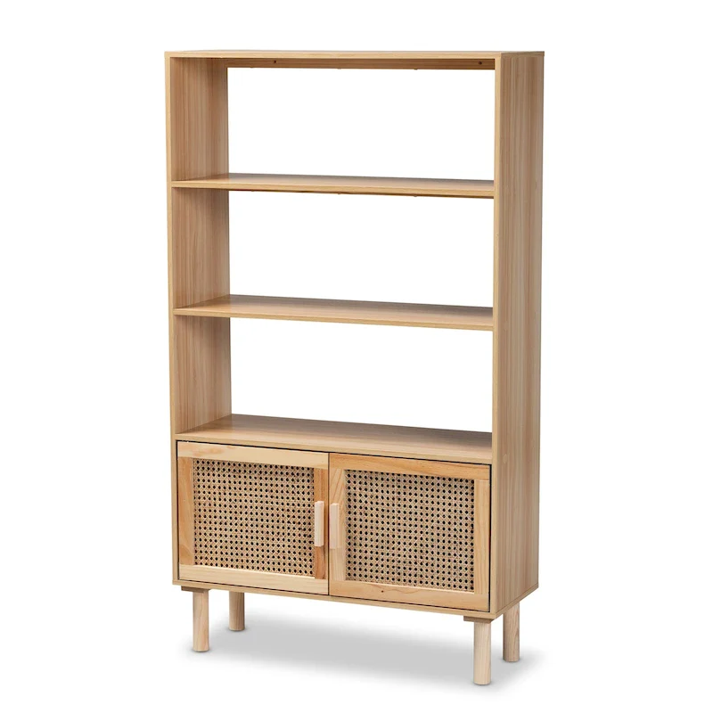 Beige & Natural Brown Mid-Century Bookcase with Rattan Accents – 1-Person Assembly