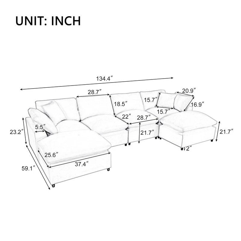 U-Shape Sectional Sofa, 2 Large Chaise with Removable Ottomans