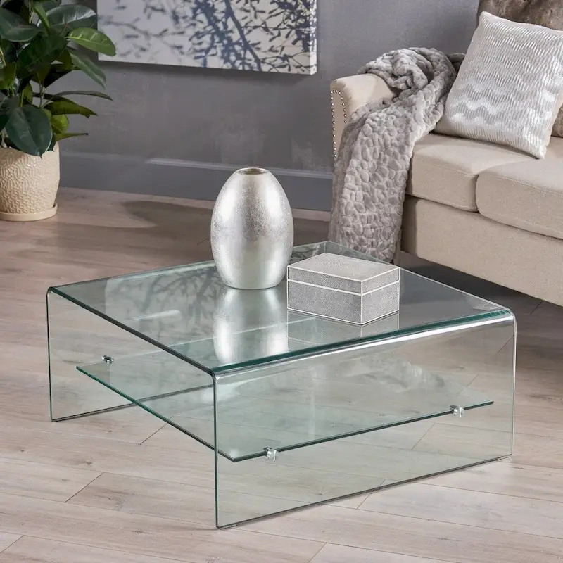 Clear Square Tempered Glass Coffee Table with Storage Shelf