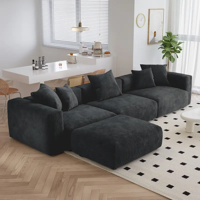 L Shaped Modern Sectional Couch Sofa with 5 Pillows and Chaise Ottoman, Cushion Covers Removable