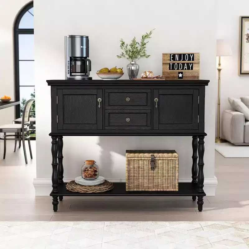Vintage-style entryway side table with 2 drawers and 2 doors  Roman column-shaped legs, suitable for living room and entryway.