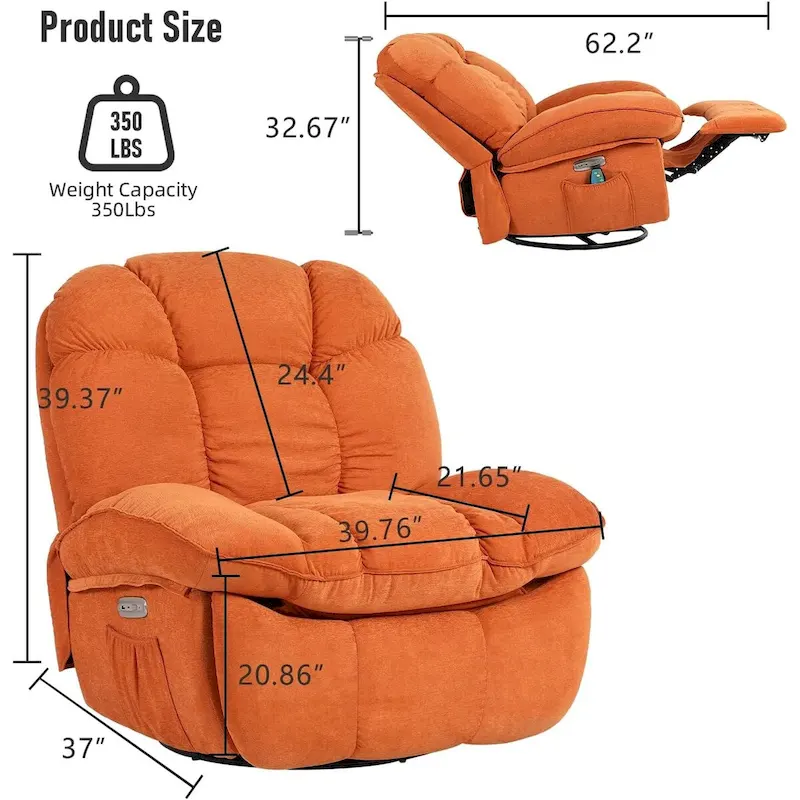 Swivel Power Recliner Chair, Massage Rocker with Heat, USB, USB-C and Side Pocket