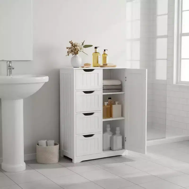 Dcolora Wood Floor Cabinet with 4 Drawers & Cupboard, Freestanding Bathroom Storage Cabinet