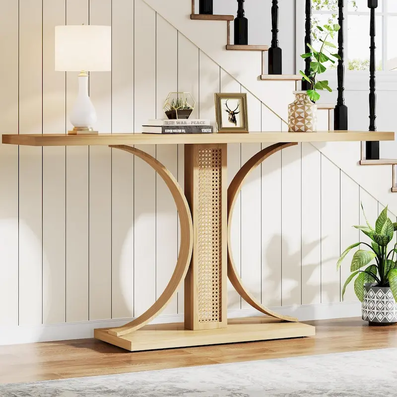 55 Inches Rattan Console Table for Living Room, Hallway, Foyer