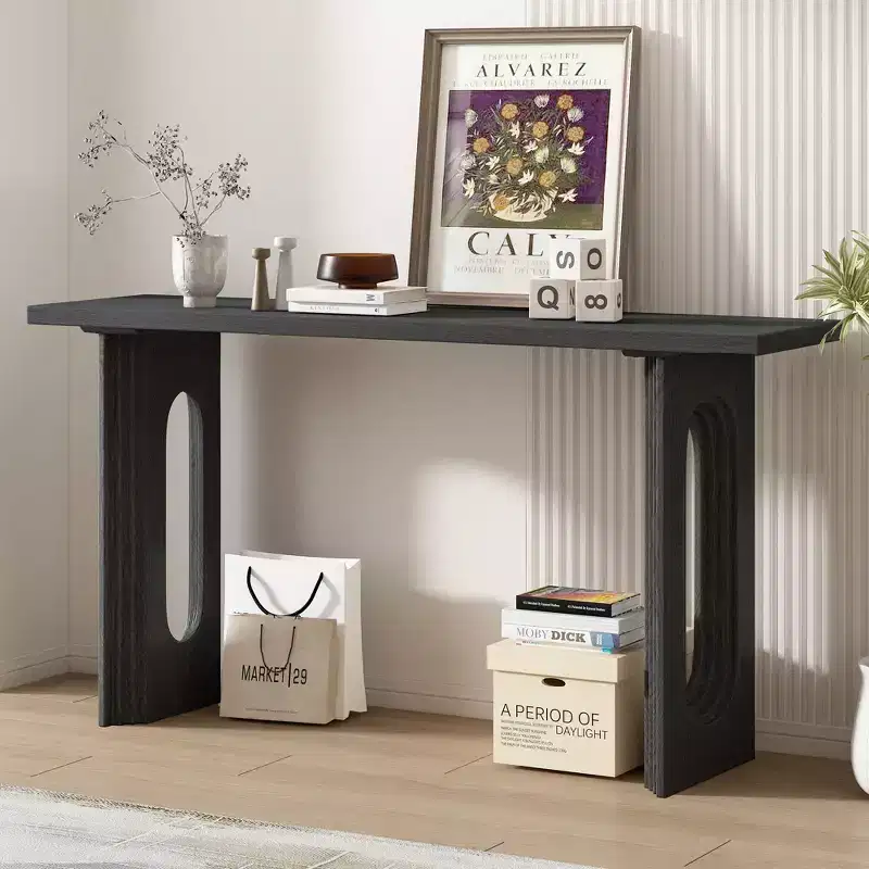 Okak 59.2IN Modern Console Table with Wood Veneer, Entryway Table with Round Hollow Legs, Accent Table for Hallway, Living Room, Black