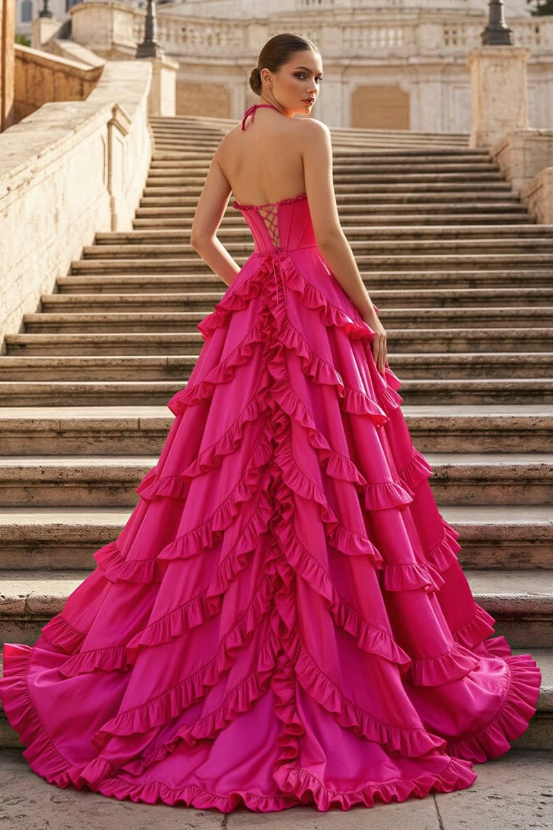 Fuchsia Halter Neck Tiered Ruffles Long Prom Dress