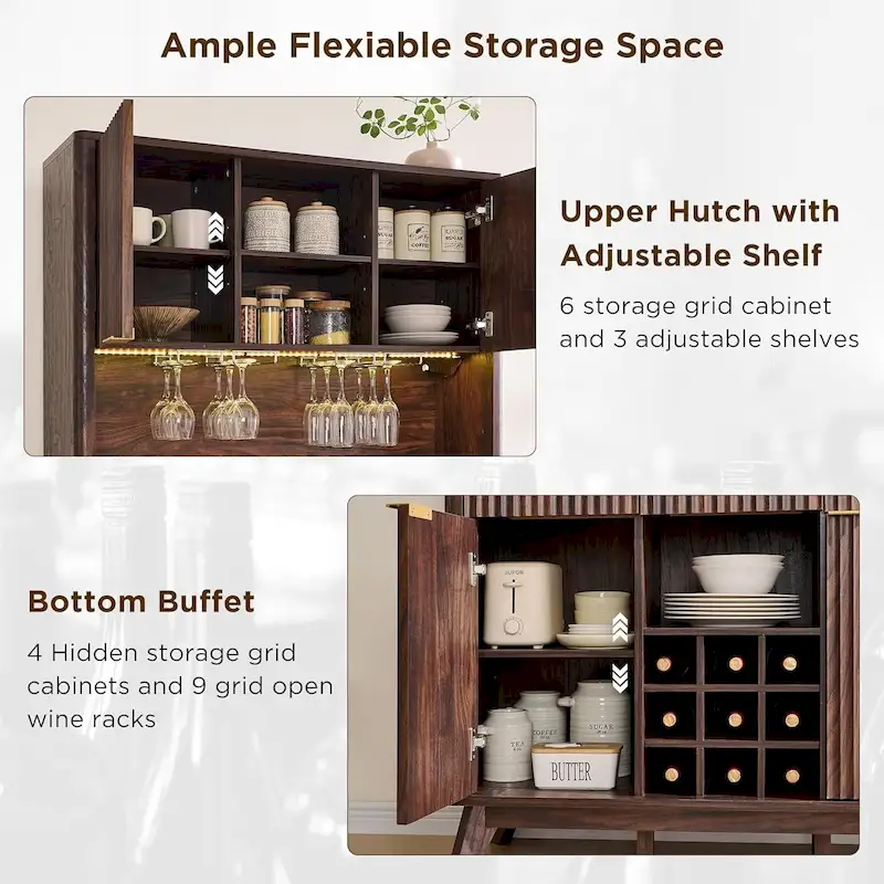 72 Wine Bar Cabinet, Modern Wood Coffee Bar Cabinet with LED Lights - N/A