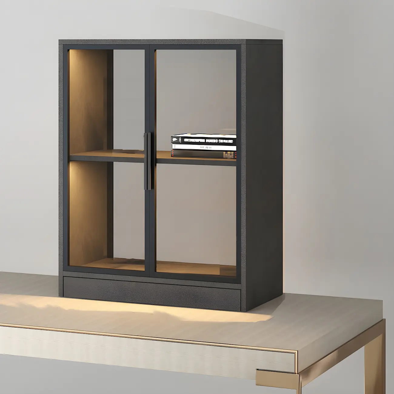 Square 2-Shelf Black Wooden Display Cabinet with Light