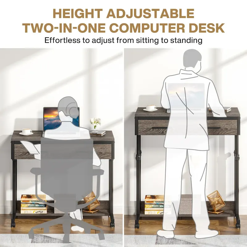 Height-Adjustable Side Table with Drawers and Wheels