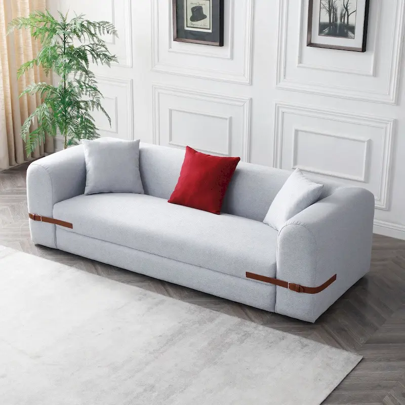 3-Seater Upholstered Sofa with Saddle Leather Belt Detail and Pillows