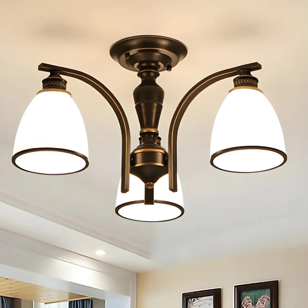 Traditional Black Down Bell Frosted Glass Semi Flush Mount Light
