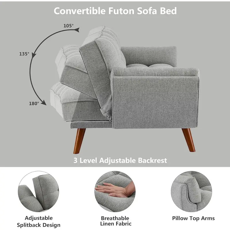 75.39 IN. Futon Sofa Bed, Convertible Upholstered Couch Sleeper with Reclining Sleeper Split Tufted Back