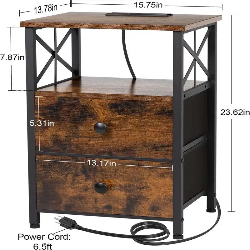 Nightstand with Charging Station and Fabric Drawers