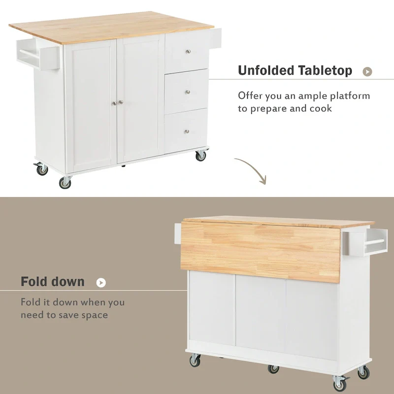 Rolling Mobile Kitchen Island with Solid Wood Top and Locking Wheels