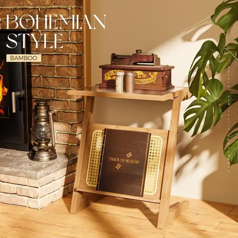 Brown / Natural Z-Shape Bamboo Rattan Side Table – Single