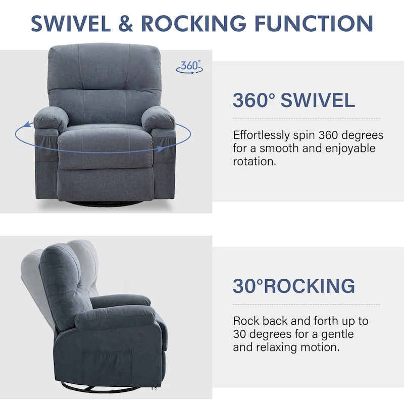 360 Swivel Manual Recliner Single Sofa Chair Fabric Lounge Chair with Pull Out Footrest and Side Pockets