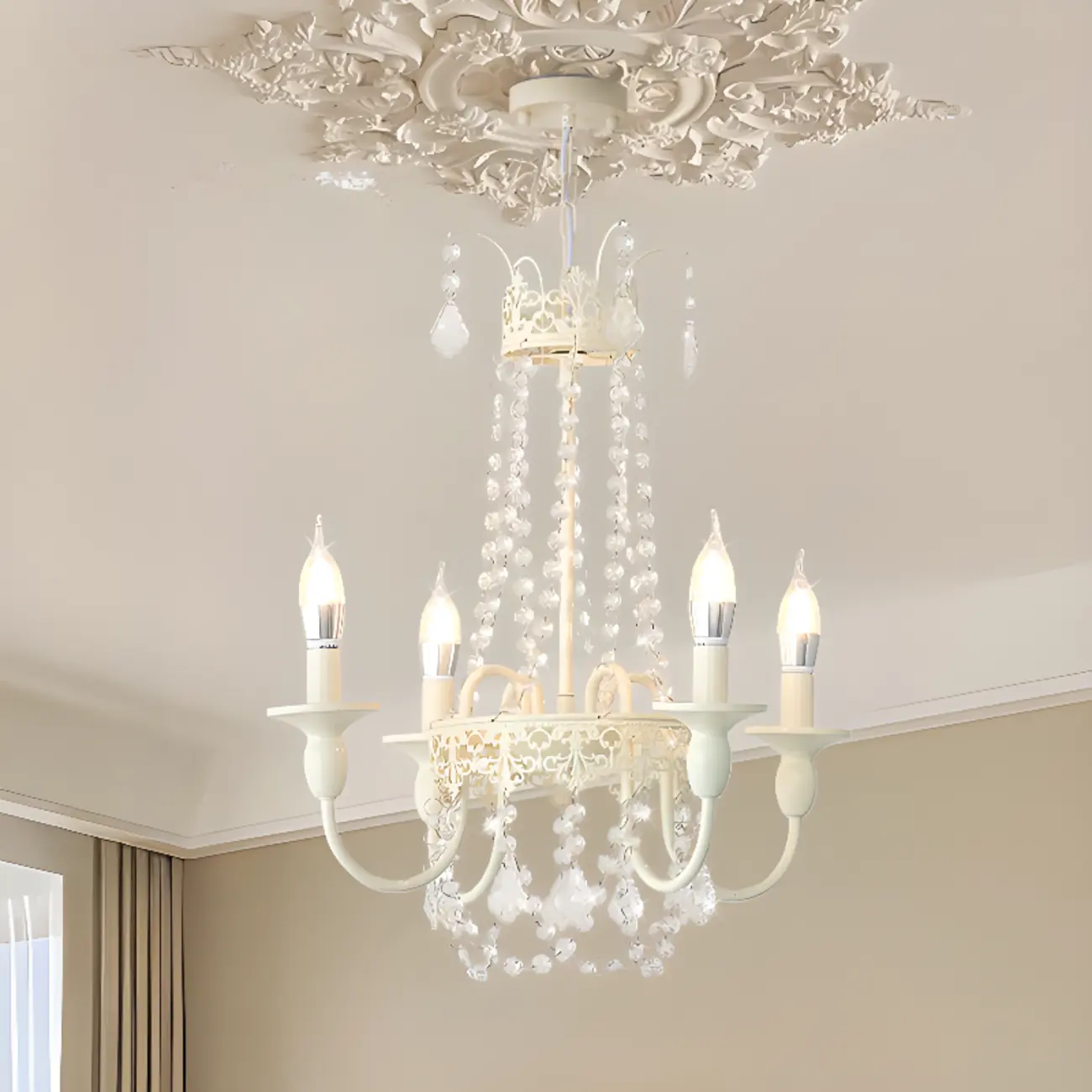 White Crystal Chandelier Classic Iron Elegant Design