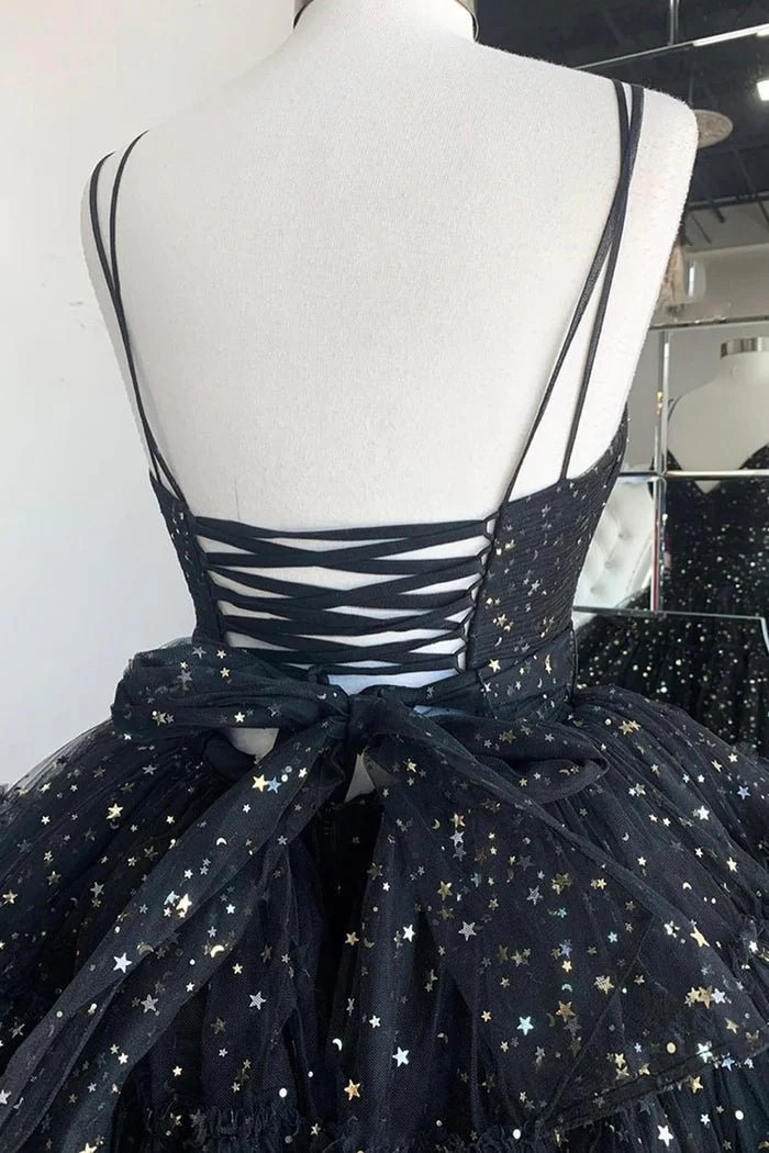 A Line Spaghetti Straps Tiered Tulle High Low Prom Dress