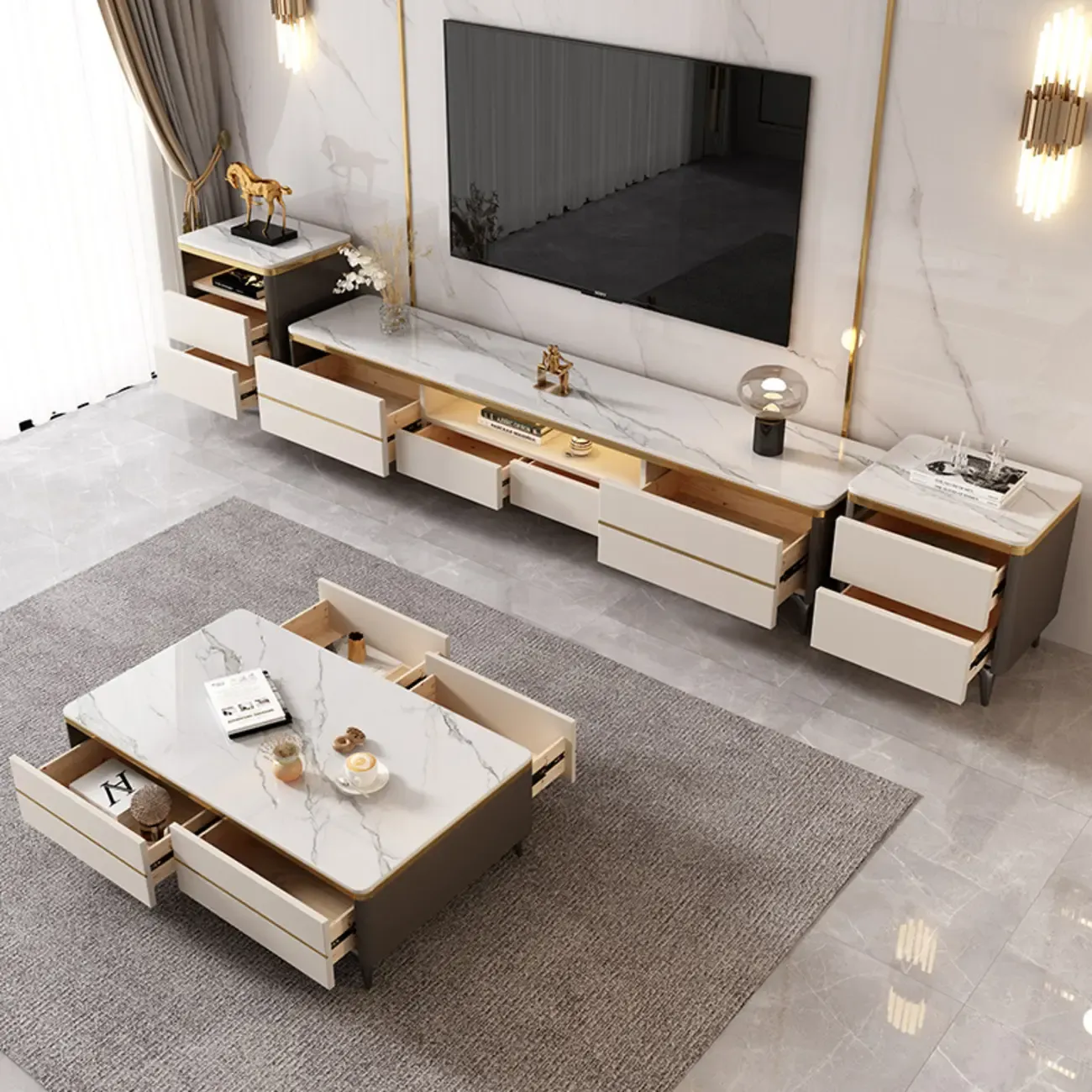 Versatile White Stone TV Stand with Multi Drawers & Lighting