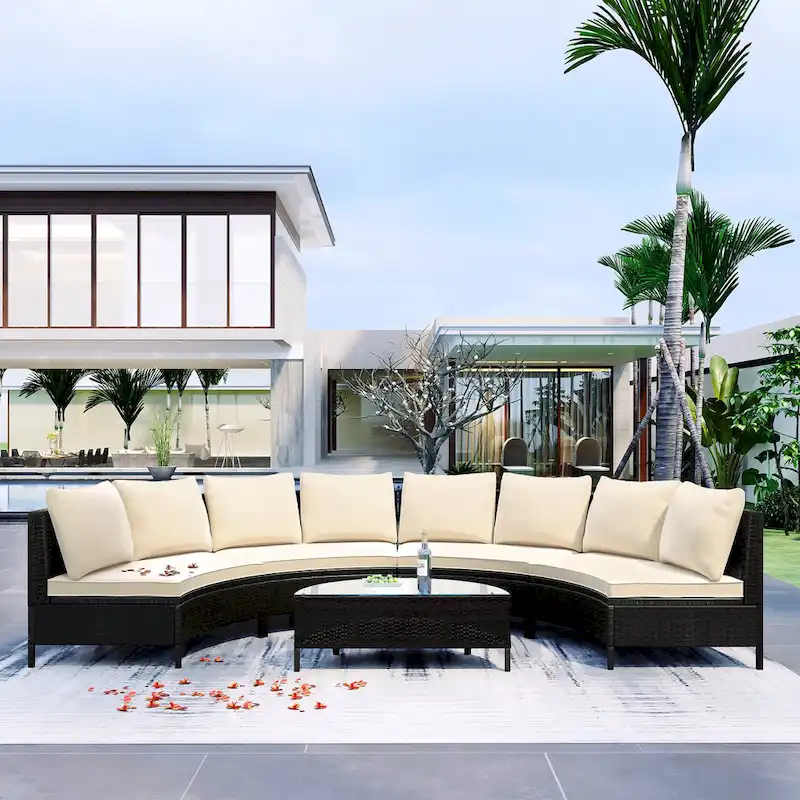 TOPMAX 5 Pieces Outdoor Patio Sectional Half-Moon Sofa Set with Tempered Glass Table
