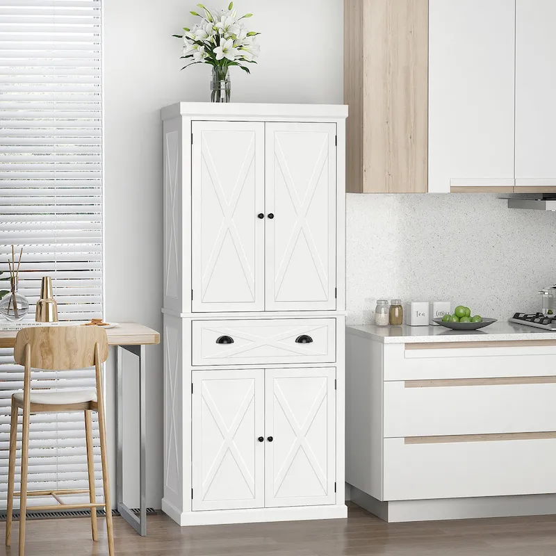 Freestanding Modern Farmhouse 4 Door Kitchen Pantry Cabinet, Storage Cabinet Organizer with 6-Tiers