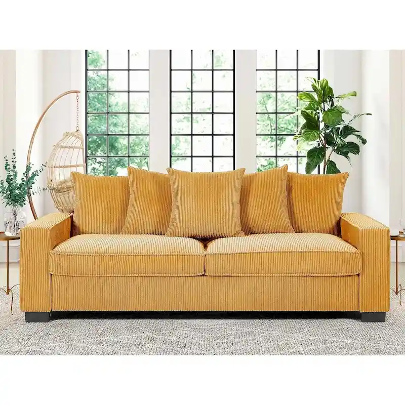 3-Seat Corduroy Sofa with 5 Toss Pillows and Large Square Arms