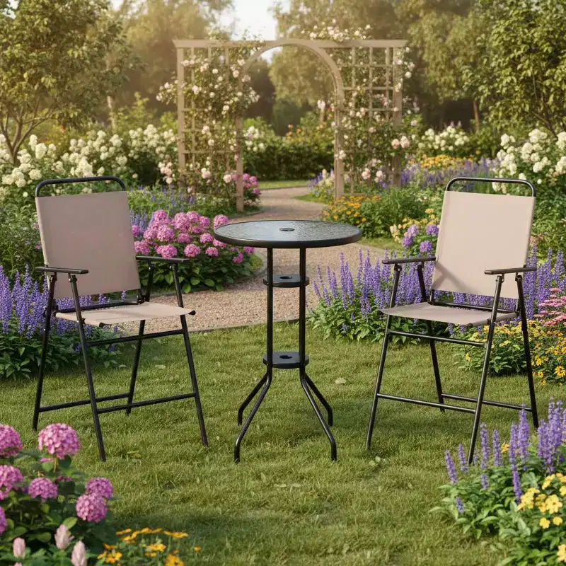 Gymax 3PCS Folding Patio Bistro Set w/ Round Bar Table 1.6 Umbrella Hole Chairs for Yard Patio and Poolside