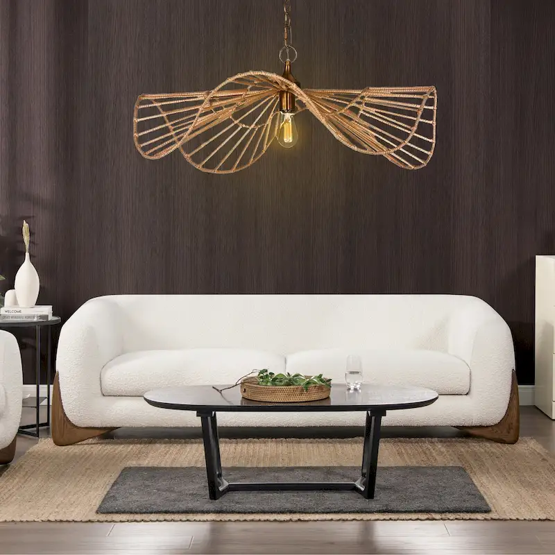 90.5 Inch Sherpa Upholstered Sofa, Oversized Boucle, Natural Oak Legs