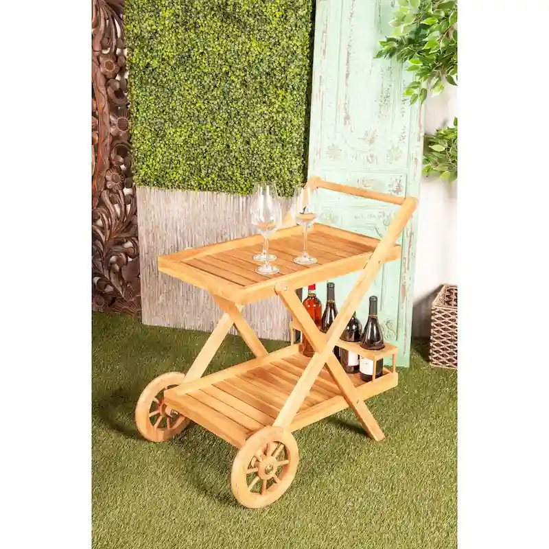 Teak Wood Rolling Bar Cart with 2 Shelves and Handle - Brown, 21W x 32L x 32H