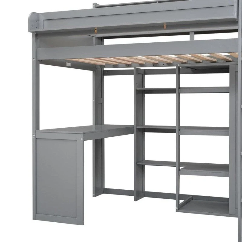 Wood Loft Bed with Multiple Storage Shelves,Desk,Wardrobe and Safety Guaranteed,Twin Size