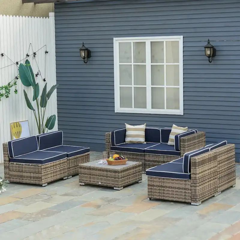 Outsunny 7-Piece Outdoor Wicker Patio Sofa Set, Modern Rattan Conversation Furniture Set with Cushions & Table