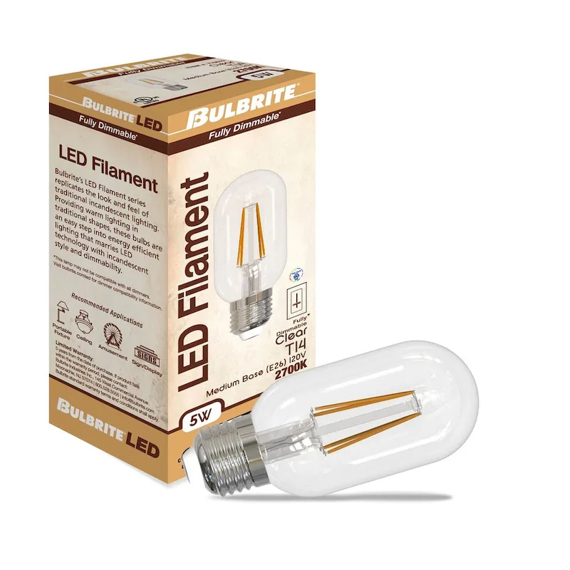 Bulbrite Pack of (4) 5 Watt Dimmable Clear Filament T14 Medium (E26) LED Bulb - 450 Lumens, 3000K, and 90 CRI - 5 Watt