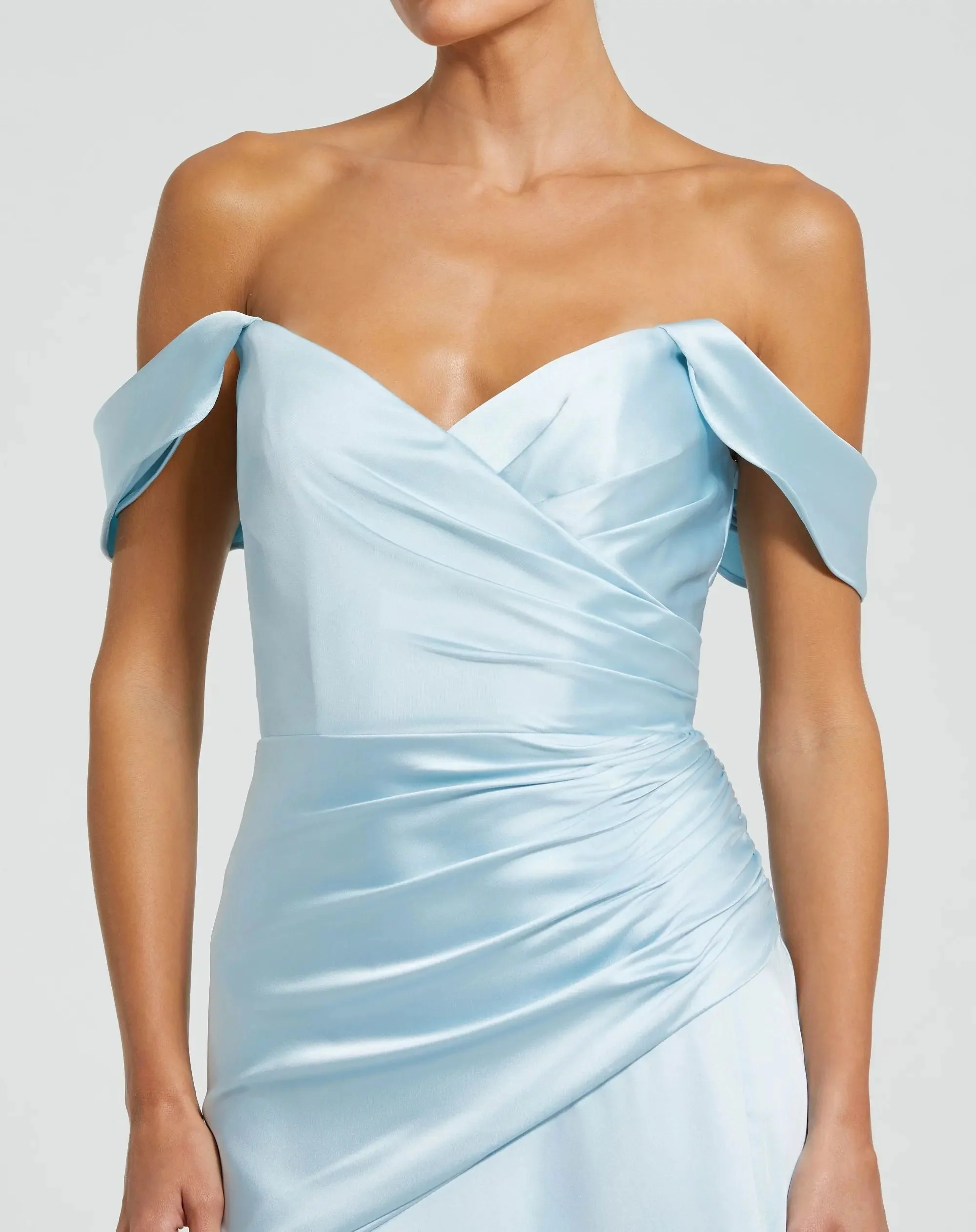 Blue Satin Off The Shoulder Crossover Gown