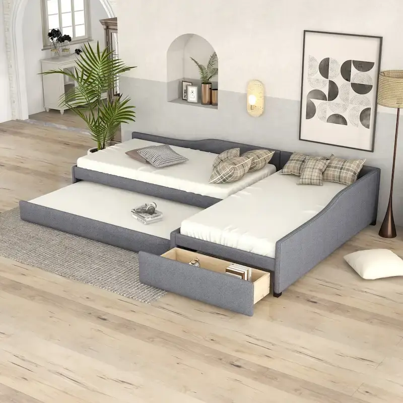 Green / Grey / Beige L-Shaped Upholstered Daybed with Trundle & Storage Drawer, Sleeps 3