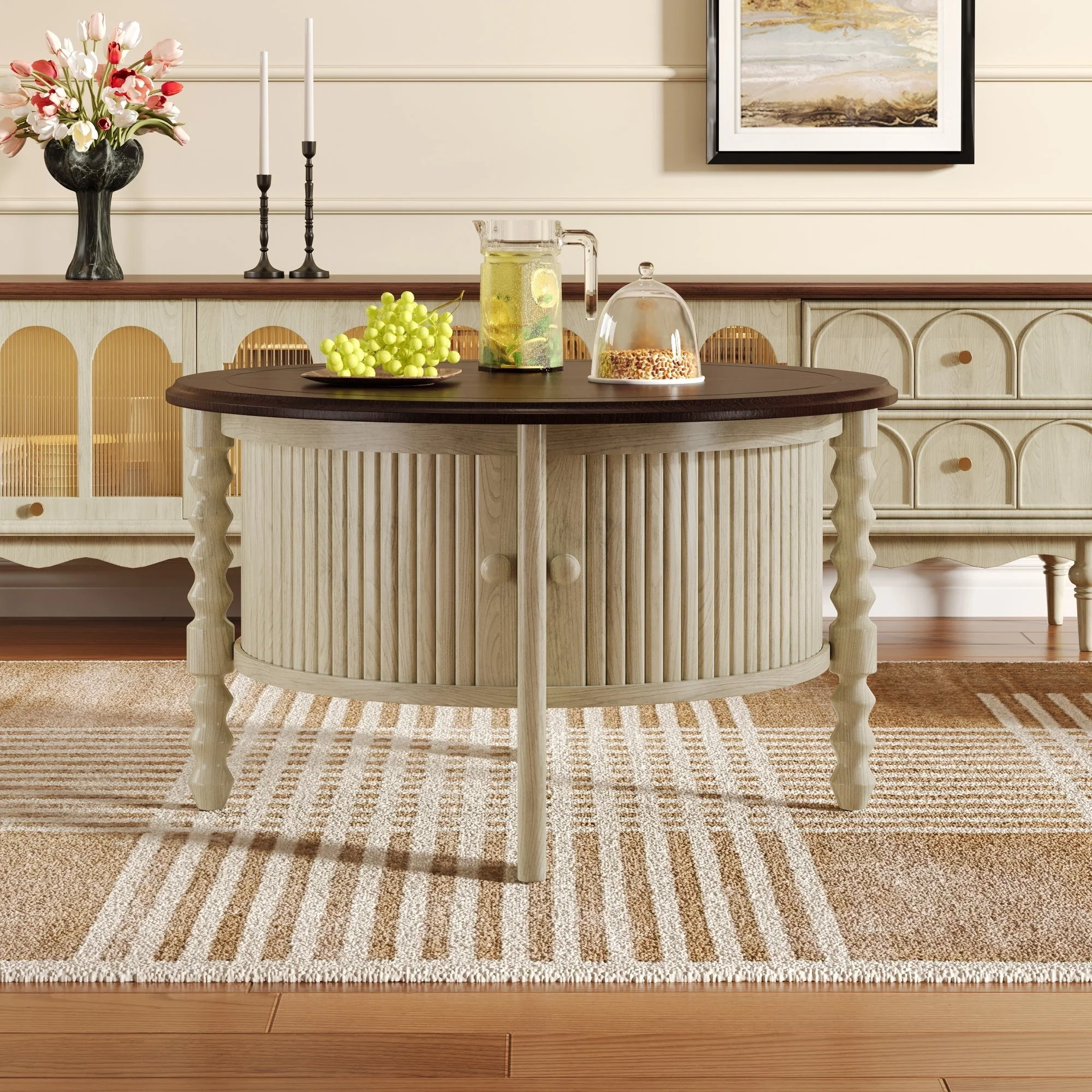 Traditional Design Round 30.3' Coffee Table with Storage Sliding Door