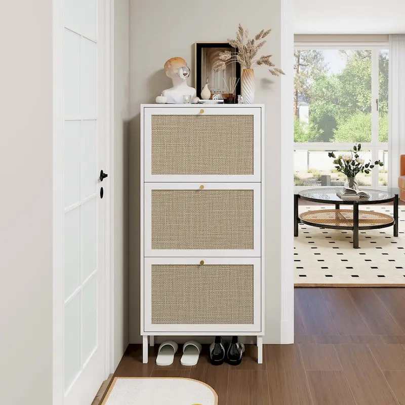 3-Door Shoe Rack with Rattan-Style Panels