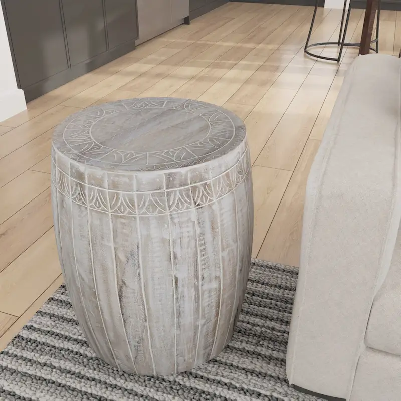 Serenity Side End Table with 16 Inch Round Top, In Antique White Mango Wood
