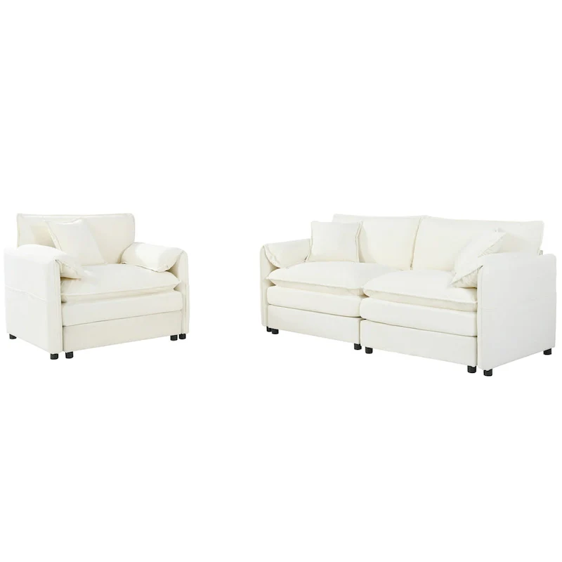 3-Piece Chenille Cloud Sofa & Armchair Set with Deep Seats & 3 Pillows